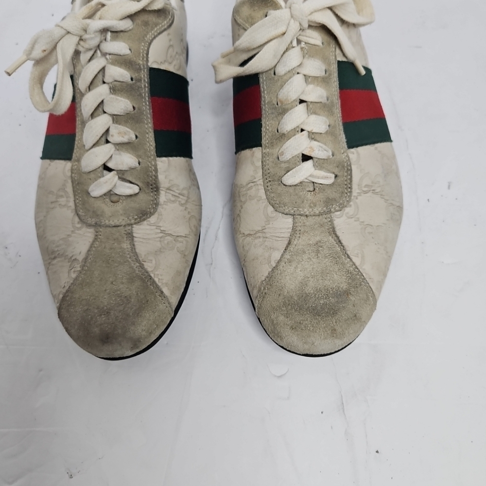 Gucci Cream Suede And Leather Web Low Top Sneakers Size 7.5 US - Picture 11 of 11